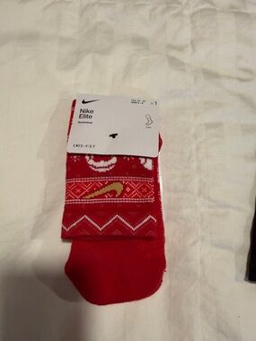 Nike Red Crew Socks with Gold Swoosh and Fair Isle Pattern